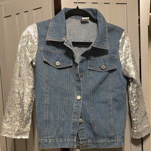 Stylish Denim Jacket with Silver Sequin Sleeves